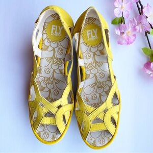 Fly London Yadi Leather Wedge Sandals Yellow 8.5